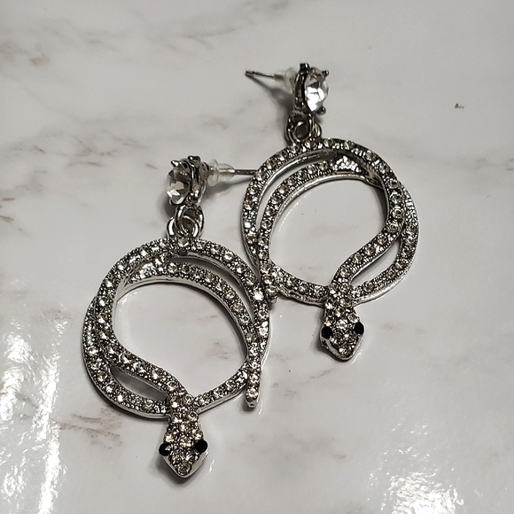 Silver Serpent Coiled Earrings Cubic Zirconia - Picture 5 of 9